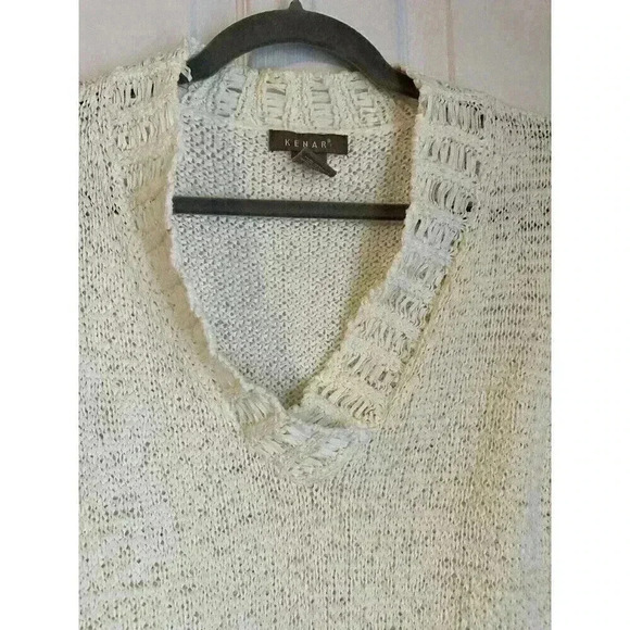 Kenar Women Ivory Cotton Blend Open Knit Long Sleeve VNeck Pullover Sweater Sz L - Picture 2 of 5